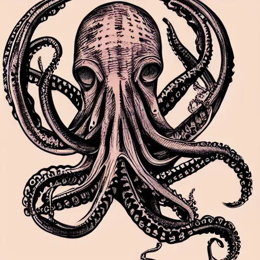Prompt: a tattoo illustration of an evil octopus, cinematic, symmetric, digital art