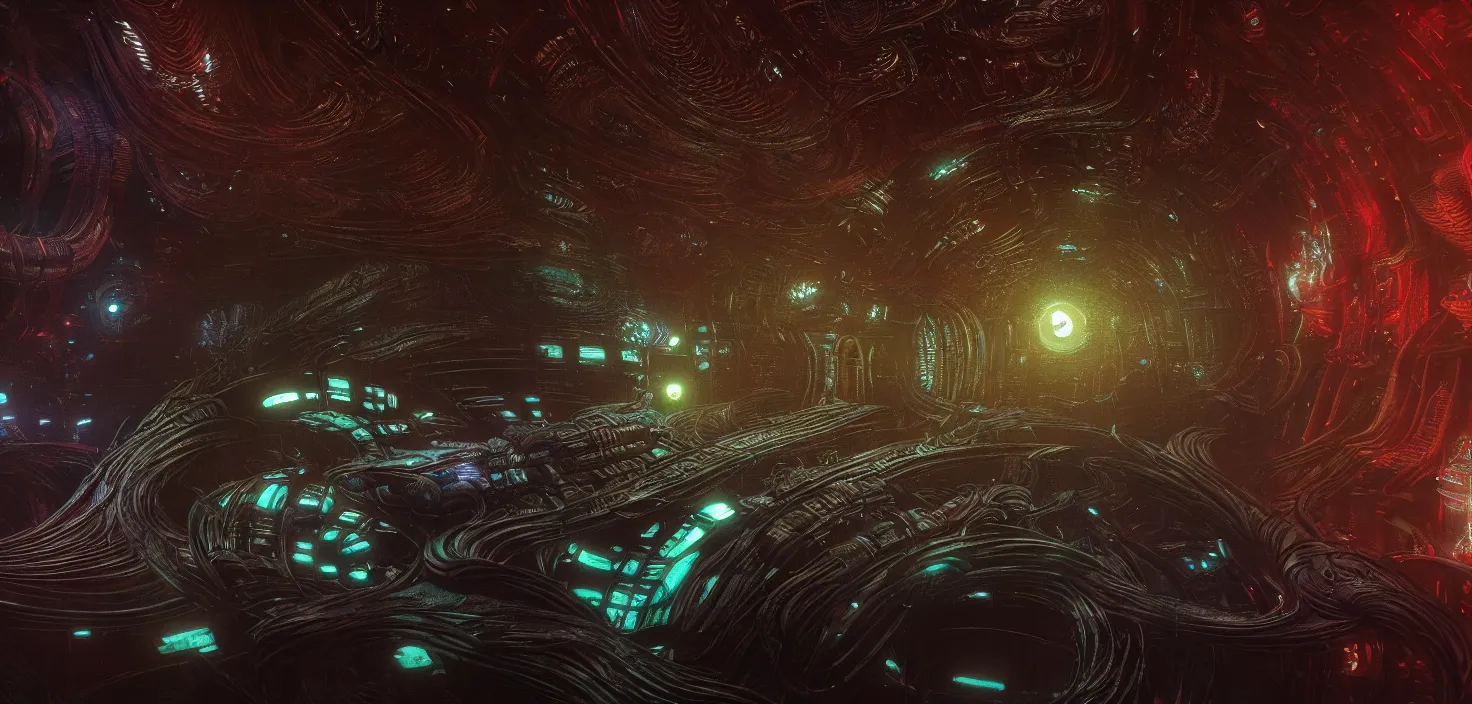 Image similar to Prometheus biological sci-fi environment set close-up hologram, ship control panel close-up, in a nightmarish universe of odd forms and somber tapestry, HR Giger and Vincent Di Fate, vivid color scheme, featured in artstation, octane render, cinematic, elegant, intricate, 8k