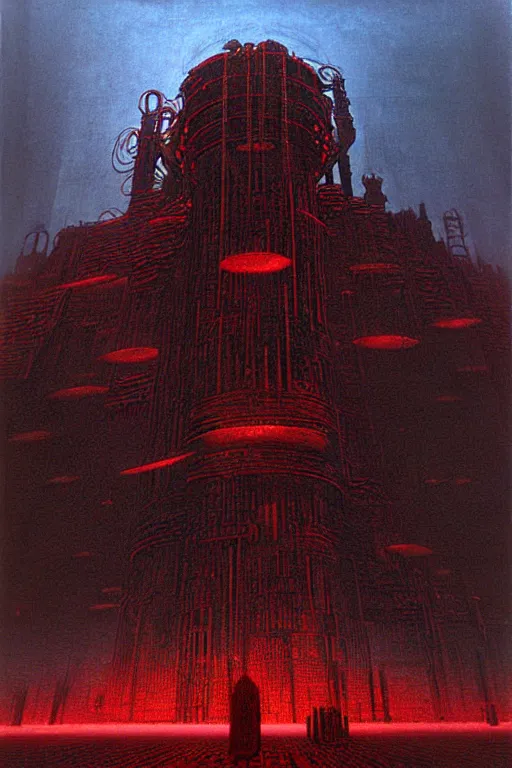 Prompt: dark master constructing infinite factories, red and black science fiction scenario, giger, beksinski, digital art render