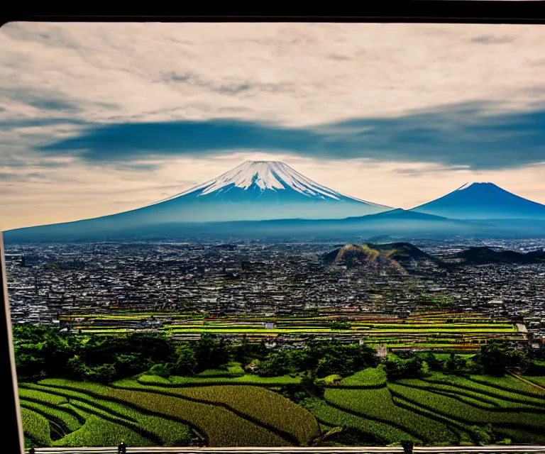 Image similar to a photo of mount fuji, japanese landscape, rice paddies, seen from a window of a train. cinematic lighting.