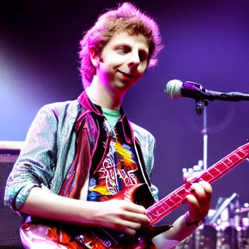 Image similar to michael cera playing guitar at an aerosmith concert, photo, detailed, 4 k