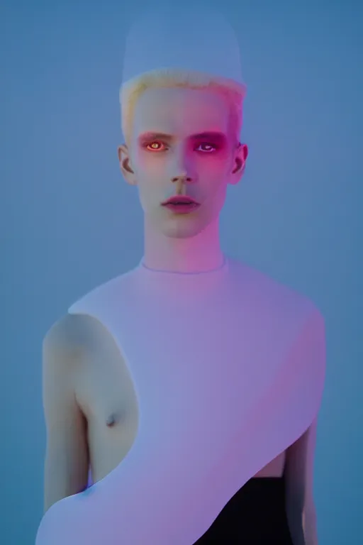 Image similar to high quality pastel coloured film wide angle selfie photograph of an androgynous cyber model standing in an icelandic black rock environment. three point light. photographic. art directed. pastel colours. volumetric light. stark. waves glitch. 8 k. filmic.