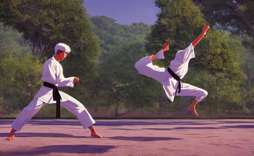Prompt: a film still of Karate KID 1983, medium shot, waist up, studio Ghibli, Pixar and Disney animation, sharp, Rendered in Unreal Engine 5, anime key art by Greg Rutkowski, Bloom, dramatic lighting