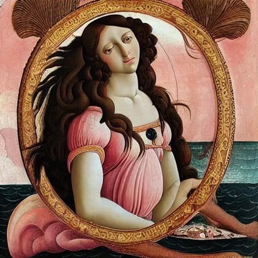 Prompt: an ultradetailed mythological oil painting of a beautiful woman with long brown hair, full body, wearing pink floral chiton, lying within a giant scallop shell, near the seashore, intricate lines, elegant, renaissance style, by sandro botticelli