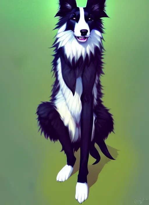 Prompt: wide angle beautiful full body portrait of a cute male bipedal anthro border collie fursona posing in front of a park, character design by charlie bowater, henry asencio, and ross tran, furry art, furaffinity, beautiful, glamor pose, detailed, aesthetic, trending on artstation