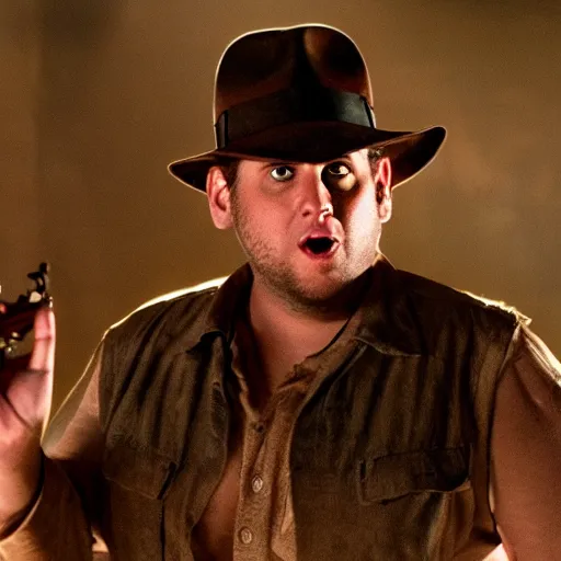 Image similar to Jonah Hill as indiana jones in raiders of the lost ark, 8k resolution, full HD, cinematic lighting, award winning, anatomically correct