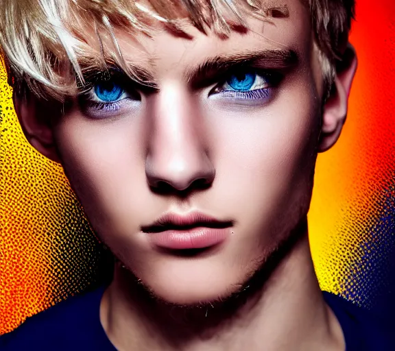 Image similar to extremely beautiful blonde young man with hyperealistic glossy eyes, digital art, colourful background seductive.
