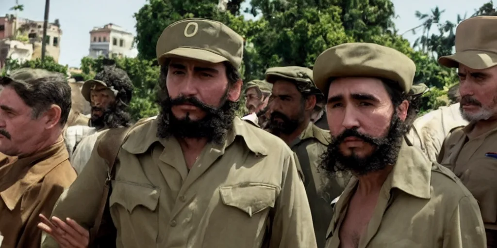 Image similar to James Franco as Fidel Castro in 'Cuba: The Movie' (2024), movie still frame, oscar nominated cinematography, volumetric lighting, 8k resolution, beautiful composition