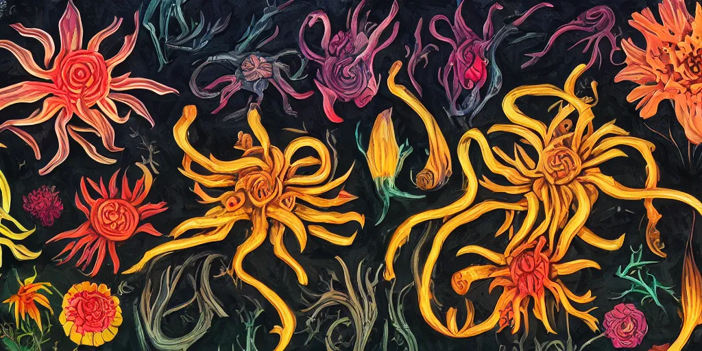 Prompt: full color page scan of unique lovecraftian flower on black background, in gouache detailed paintings, props, stylized, 2 d sprites, kitbash, 8 k, close up