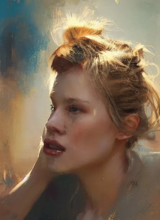 Image similar to painting of a gorgeous woman with golden hair in two buns wearing a poncho, blowing a kiss towards the viewer, by Jeremy Mann, stylized, detailed, realistic, loose brush strokes, intricate, intimate, aummer vibes, bold colors