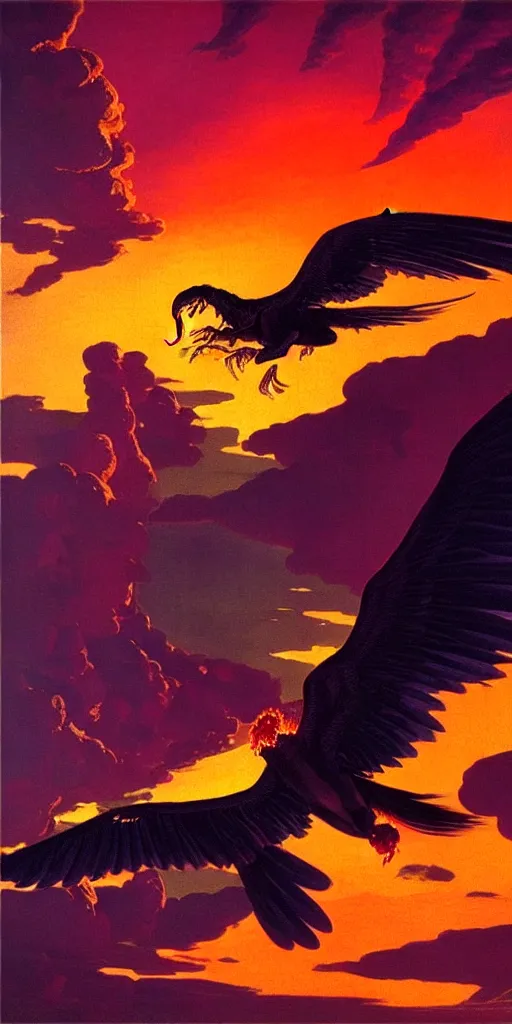 Prompt: hyperrealistic iridescent balaur spitting fire and flying through the sky at sunset syd mead courbet dramatic lighting