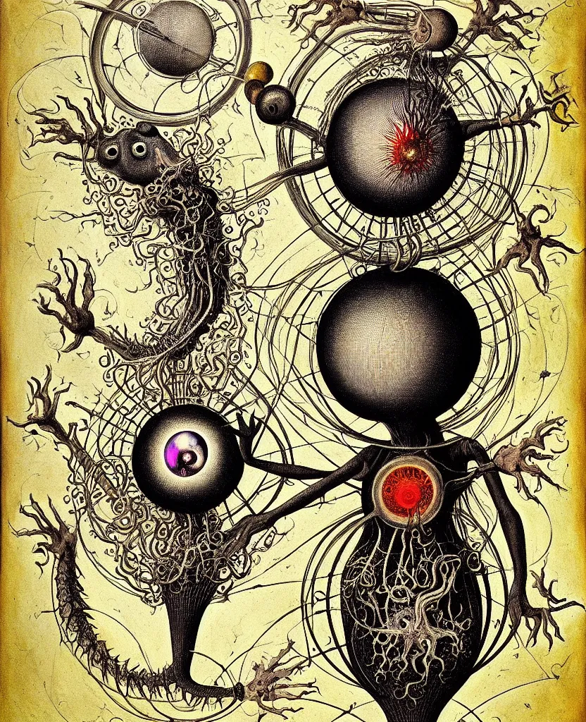 Image similar to whimsical freaky creature sings a unique canto about'as above so below'being ignited by the spirit of haeckel and robert fludd, breakthrough is iminent, glory be to the magic within, painted by ronny khalil