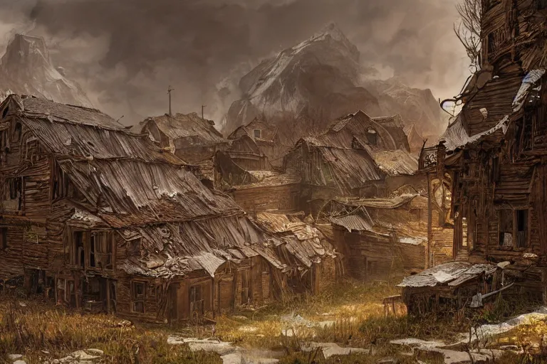 Image similar to dramatic photo of an abandoned village in the Russian outback, highly detailed, digital painting, artstation, concept art, smooth, sharp focus, illustration, art by tian zi and WLOP and alphonse mucha