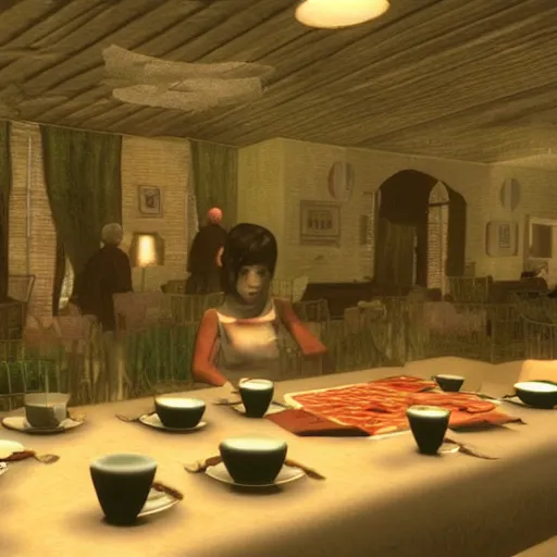 Image similar to a still of breakfast at tiffany's, 2 0 0 3 silent hill 3 graphics ps 2 visuals aesthetic