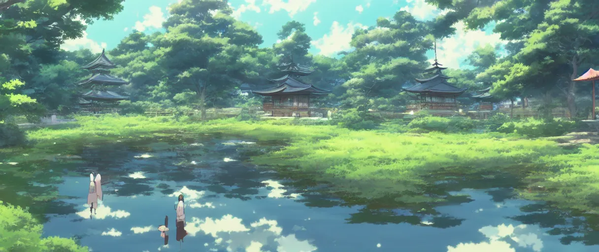 Image similar to a beautiful anime of a Japanese countryside, pagodas, small pond, style of Mokoto Shinkai, anime, trending on ArtStation.