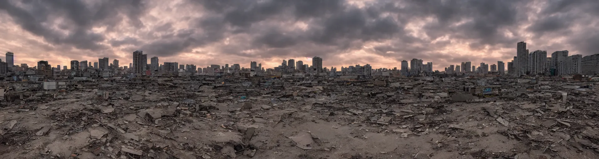 Image similar to A vista of an partially ruined high-tech city, there are sparse signs of human activity. Dusk. Dramatic sky. 4K.