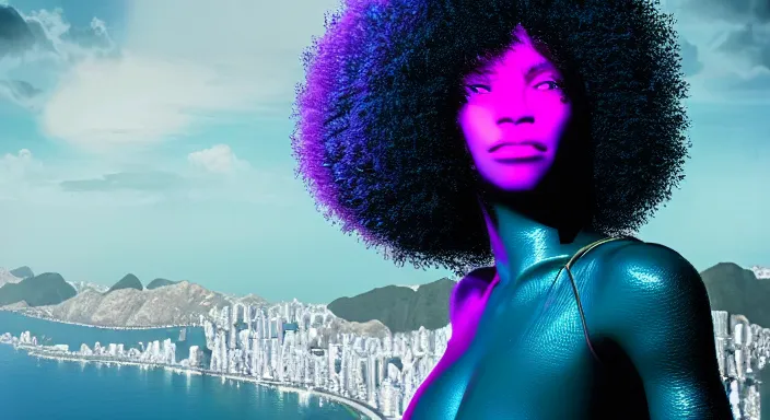 Image similar to portrait of beautiful cyberpunk black woman with afro hair, rio de janeiro pao de acucar corcovado ipanema on the background, blue and purple digital art trending on artstation, beeple, soft lighting, bokeh