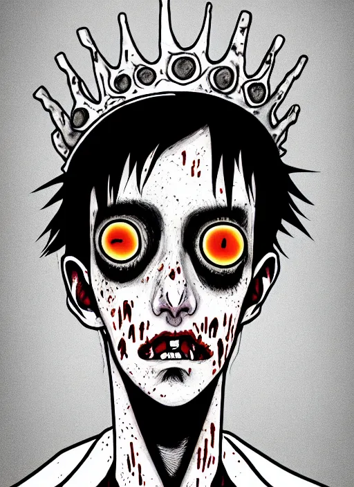 Image similar to junji ito style portrait of zombie teenage jughead jones wearing a light grey crown, photorealistic, zombie, crown, rotting skin, blind eyes, white eyes, crown, black hair, intricate, highly detailed, illustration, art by junji ito