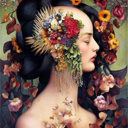 Image similar to dynamic composition, a painting of woman with hair of ( summer flowers )!! and vines wearing ornate earrings, ornate gilded details, a surrealist painting by tom bagshaw and jacek yerga and tamara de lempicka and jesse king, featured on cgsociety, pop surrealism, surrealist, dramatic lighting, wiccan, pre - raphaelite