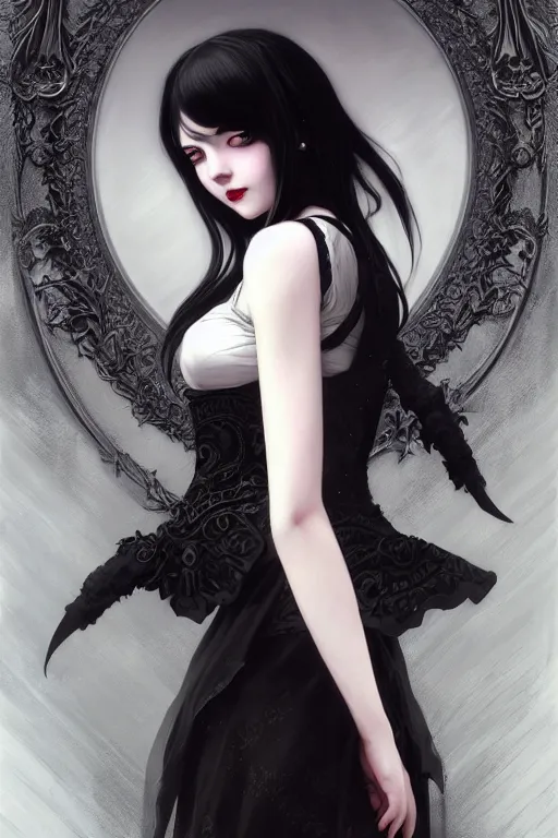 Image similar to portrait of radical lolita girl, dreamy and ethereal and dark, black eyes, silver short hair, smiling expression, ornate goth dress, dark fantasy, chaotic, elegant, black crows flying, highly detailed, digital painting, artstation, concept art, smooth, sharp focus, illustration, art by artgerm and greg rutkowski and alphonse mucha