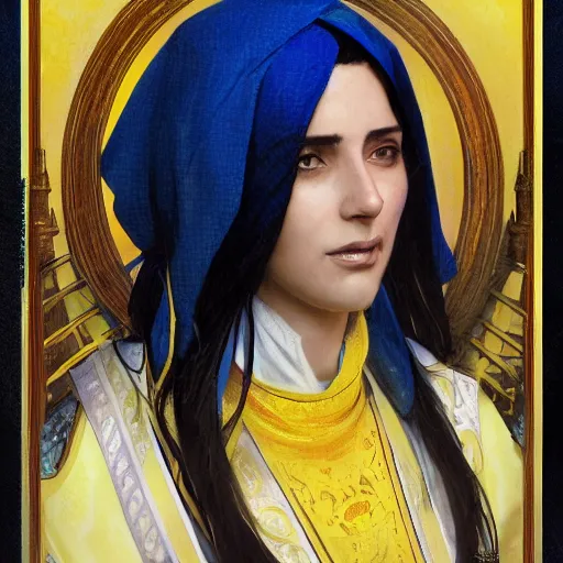 Image similar to portrait of a middle - eastern female cleric with straight black hair wearing blue and yellow vestments, fantasy, highly detailed, digital painting, artstation, concept art, character art, art by greg rutkowski and tyler jacobson and alphonse mucha