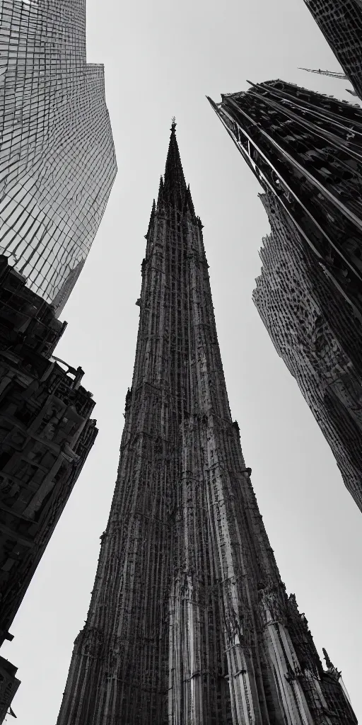 Prompt: A black and white photograph of a supertall skyscraper resembling a 13th century gothic Cathedral Looms over Lower Manhattan photographed by Bernd and Hilla Becher, hyperrealism 8k