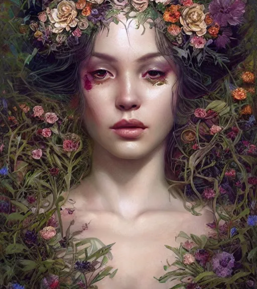 Image similar to portrait of the supreme queen of the dark cult, surrounded overgrowth and flowers 🍂 by karol bak, WLOP, James Jean, tom bagshaw, rococo, trending on artstation, fantasy magic fashion girl portrait, glossy eyes, face, fantasy, intricate, elegant, highly detailed, digital painting, concept art, smooth, sharp focus, illustration, cinematic lighting, hyper realism, octane render, 8k, hyper detailed.