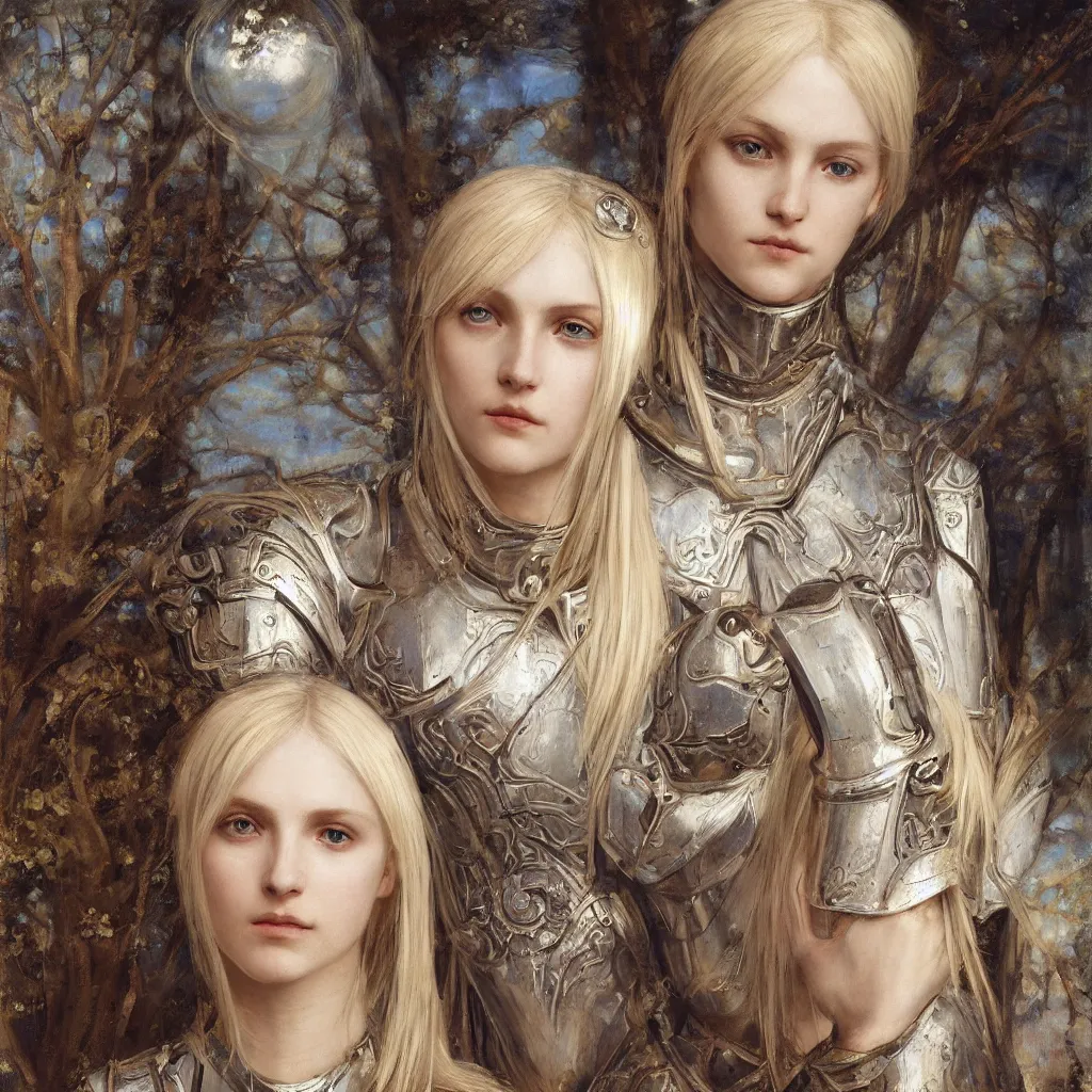 Prompt: a demoniac armored beautiful pale platinum - blonde young woman with light blue eyes, soft gaze, a golden round halo around her head, wearing a fine decorated silver breastplate, painted by john william waterhouse : : 0. 5, epic fantasy, masterpiece, portrait, fine art, digital art, detailed, ultra - hd, cinematic, volumetric, intricate