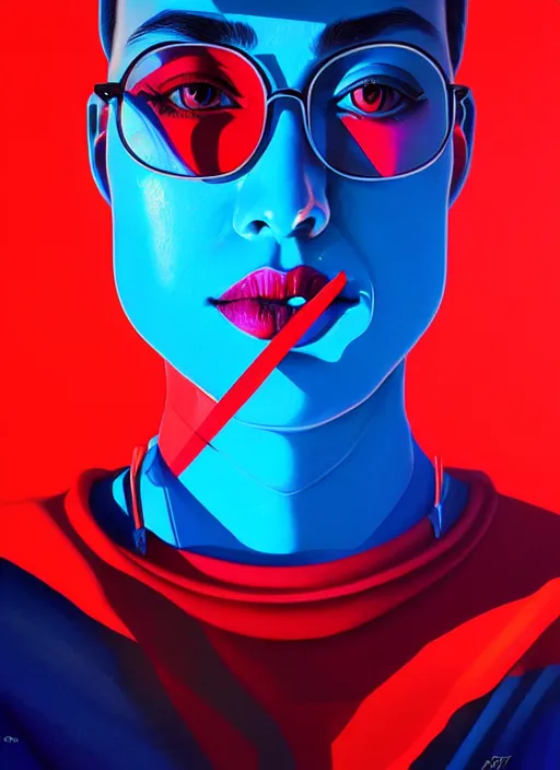 Image similar to red and blue color theme, beautiful hyperrealisitic portrait of burning police officer, tristan eaton, victo ngai, artgerm, rhads, ross draws