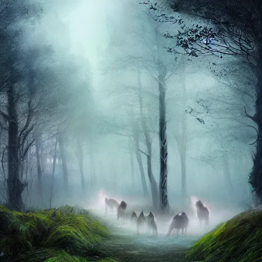 Prompt: aspectacular moody fantasy painting, spectral figures coming out of the fog with their pack of wolves, leaves and feathers twisted in their hair, moss growing on their clothes, destructive magic pulsing at their fingertips, cgsociety art