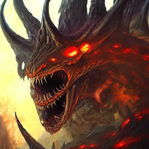 Image similar to oil painting of dragon forest, dnd character, fantasy, realistic textured skin, balrog head, glowing eyes, sharp focus, artgem, boris valejo, frank frazetta, heavy metal style, trending on artstation, digital painting, julie bell, beautiful, very detailed,
