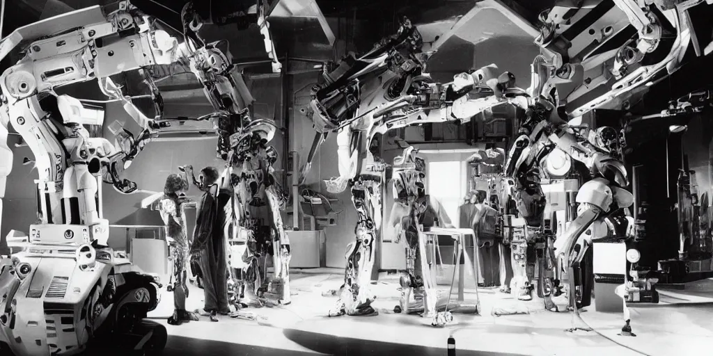 Image similar to a futuristic film studio with robot technicians preparing a scene with frightened human beings by Stanley kubrick, sci-fi, color vibe, reimagined by industrial light and magic