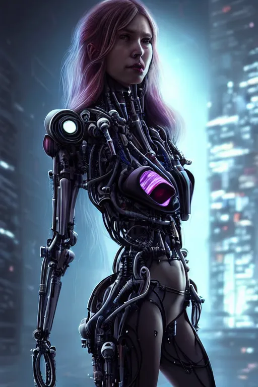 Image similar to a portrait of a beautiful 28th century super cool post-human female with long hair, barely human and largely biomechanical cyberpunk, hyper-realistic, very detailed unreal engine, by Artgerm, WLOP and Ross Thran, dramatic cinematic lighting rendered by octane, 8k, detailed, trending on artstation, deviantart google images, pinterest