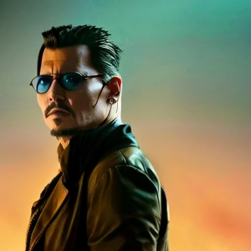 Prompt: cinematic film still of Johnny Depp in Blade Runner 2049