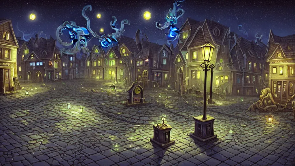 Prompt: empty lovecraftian town square surrounded by houses and inns. lovecraftian city at night by cyril rolando and naomi okubo and dan mumford and ricardo bofill. lovecraft. cobbled streets. oil lamp posts. lovecraftian statues. starry night sky. cthulhu.