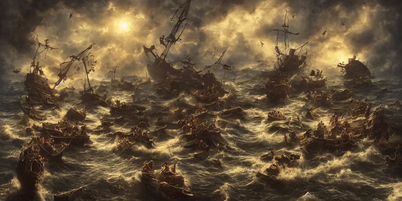 Prompt: “a group of ornate sirens singing pirates to shipwreck, cinematic lighting, detailed oil painting, hyperrealistic, 8k”
