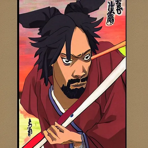 Prompt: Snoop dogg samurai Champloo Champloo defensive stance with katana, in style of samurai anime, artsation, close up