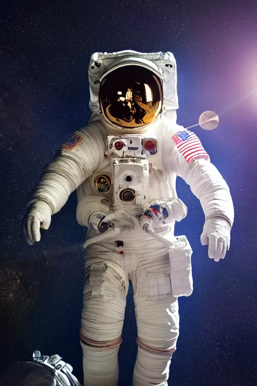 Prompt: extremely detailed studio portrait of space astronaut, holds an iphone in one hand, iphone held up to visor, reflection of iphone in visor, moon, extreme close shot, soft light, golden glow, award winning photo by nasa