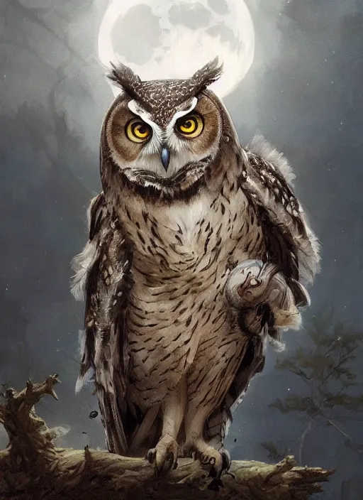 Image similar to Portrait of an Owl eating a rabbit, Dramatic clouds, Woods, Trees, Moon light, marvel comics, dark, intricate, highly detailed, smooth, artstation, digital illustration by Ruan Jia and Mandy Jurgens and Artgerm and Wayne Barlowe and Greg Rutkowski and Frank Frazetta