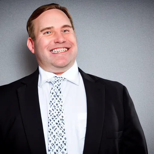 Image similar to clean - shaven portly white man wearing a crisp white dress shirt, necktie, black trousers, and black shoes. he looks very happy. studio background, studio lighting.