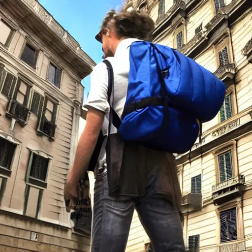 Image similar to backpack full of books gigant in the city of genoa. enormous backpack. cinematic. realistic.