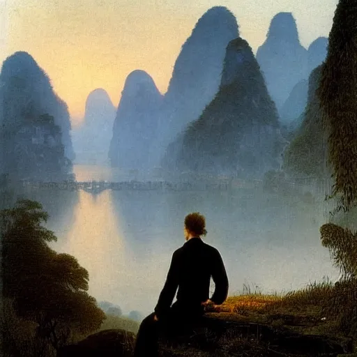 Image similar to a young man in guilin, by caspar david friedrich, mist, sunrise