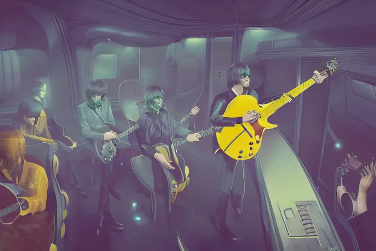 Image similar to the beatles performs with guitar on a yellow flying bus, sci fi, art by mike winkelmann, trending on cgsociety, retrofuturism, darksynth, sci - fi