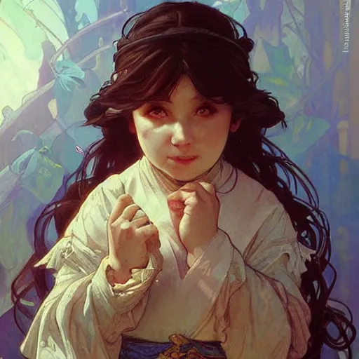 Image similar to a little cute angry dwarf. beautiful painting by artgerm and greg rutkowski and alphonse mucha