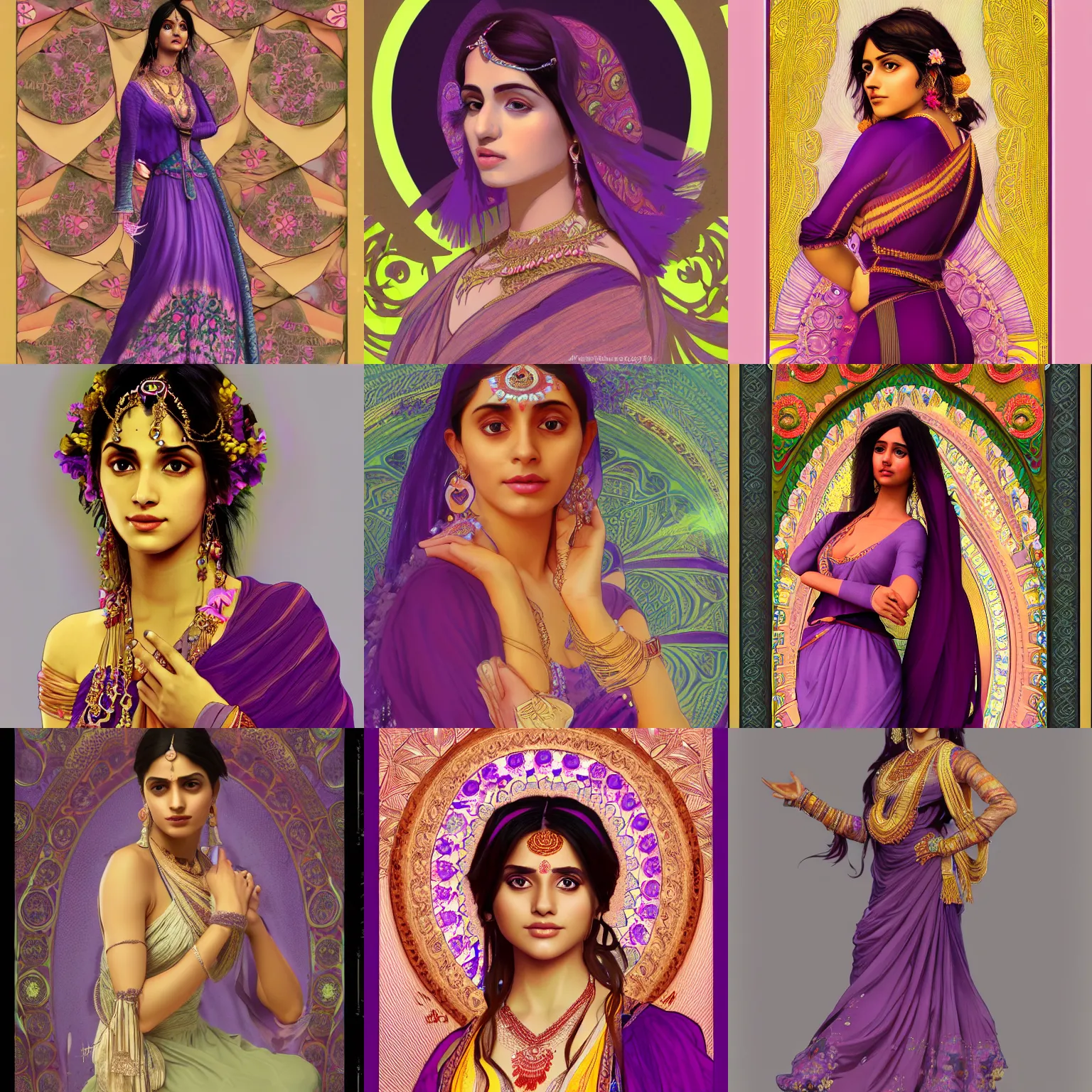 Prompt: a beautiful south asian female in bohemian dress, purple, as seen on artgerm, octane render, in the style of alphonse mucha, ultra realistic, highly detailed, 8 k