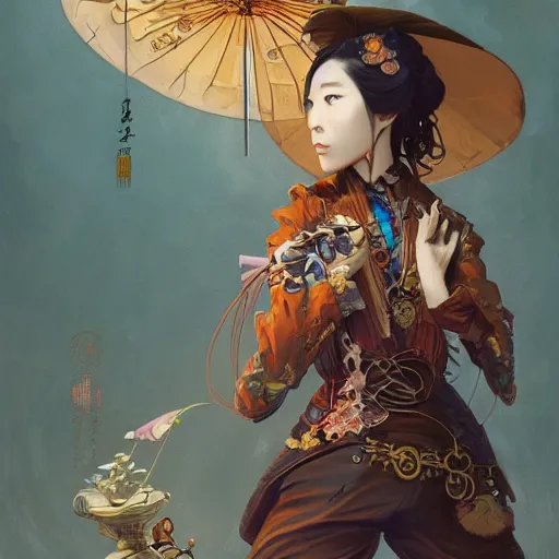 Image similar to steampunk Chinese lady with umbrella, detailed, digital painting, concept art, smooth, sharp focus, illustration, art by Sam Spratt, Dan Mumford, Artem Demura and Alphonse Mucha