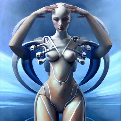 Image similar to hyper realistic mid - length art of a six - armed robot goddess holding geometric shapes, monochromatic body against a blue background. painting by greg rutkowski, scott m fischer, argerm, anne stokes, alexandros pyromallis