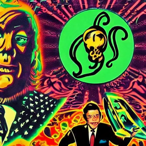 Image similar to Cthulhu as a modern day business man with a family and a drug and gambling addiction, psychedelic , 50s style infomercial , award winning , retro futuristic , Shepard fairey