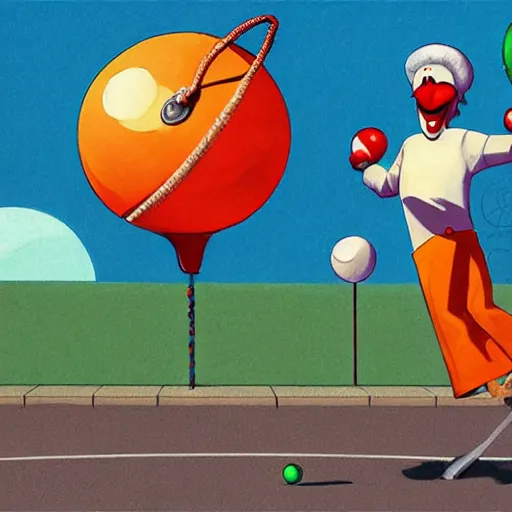 Image similar to funny clown riding a unicycle while juggling bowling pins, concept art, illustrated, highly detailed, high quality, bright colors, optimistic,