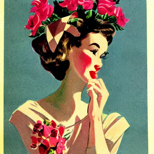 Image similar to woman with flowers, Vintage Magazine Illustration 1950s